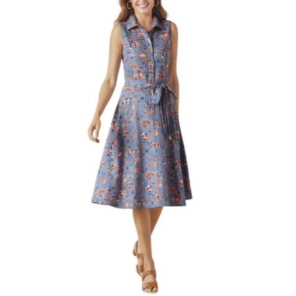 Chadwicks Sleeveless Floral Button Front Dress Tie Belt 4 Petite New WOT Blue Po
